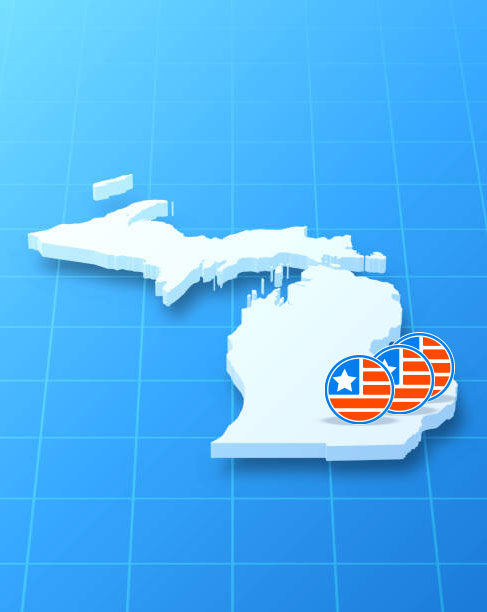 3D map of Michigan with flag icons