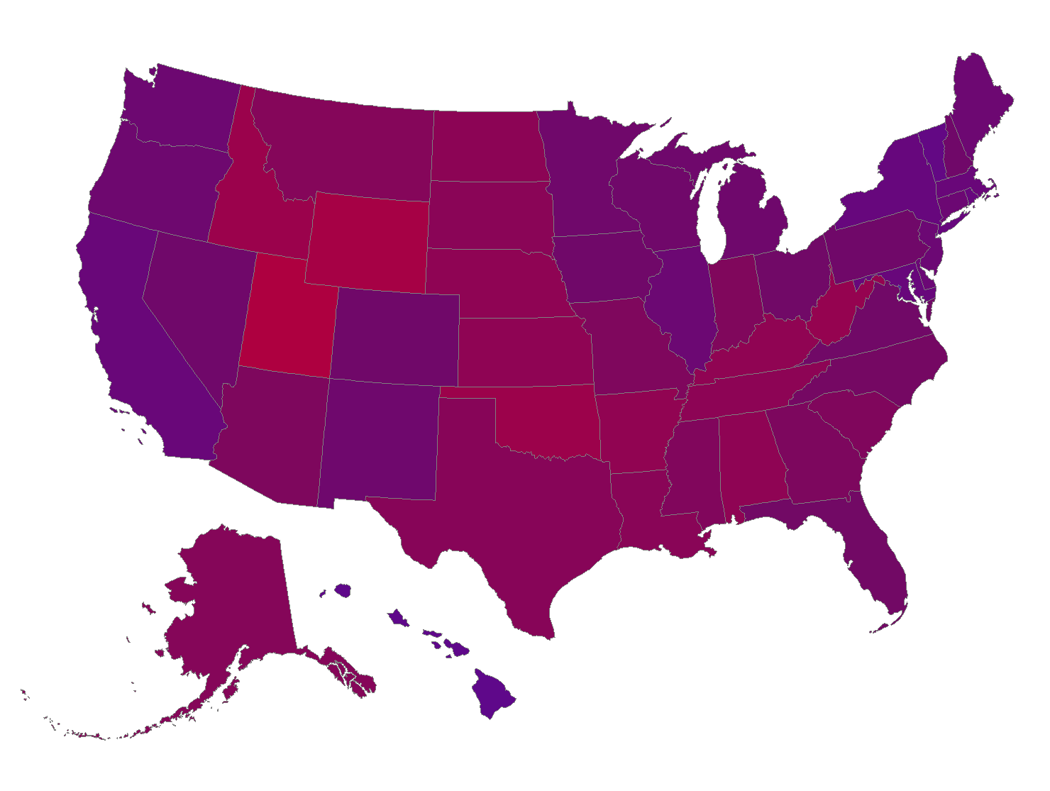 US map with states in various shades of purple
